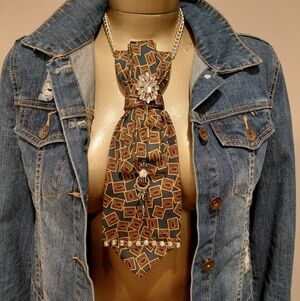 Handcrafted Upscaled Necktie Necklace W/Silver Hat Pin And Silver Brooch